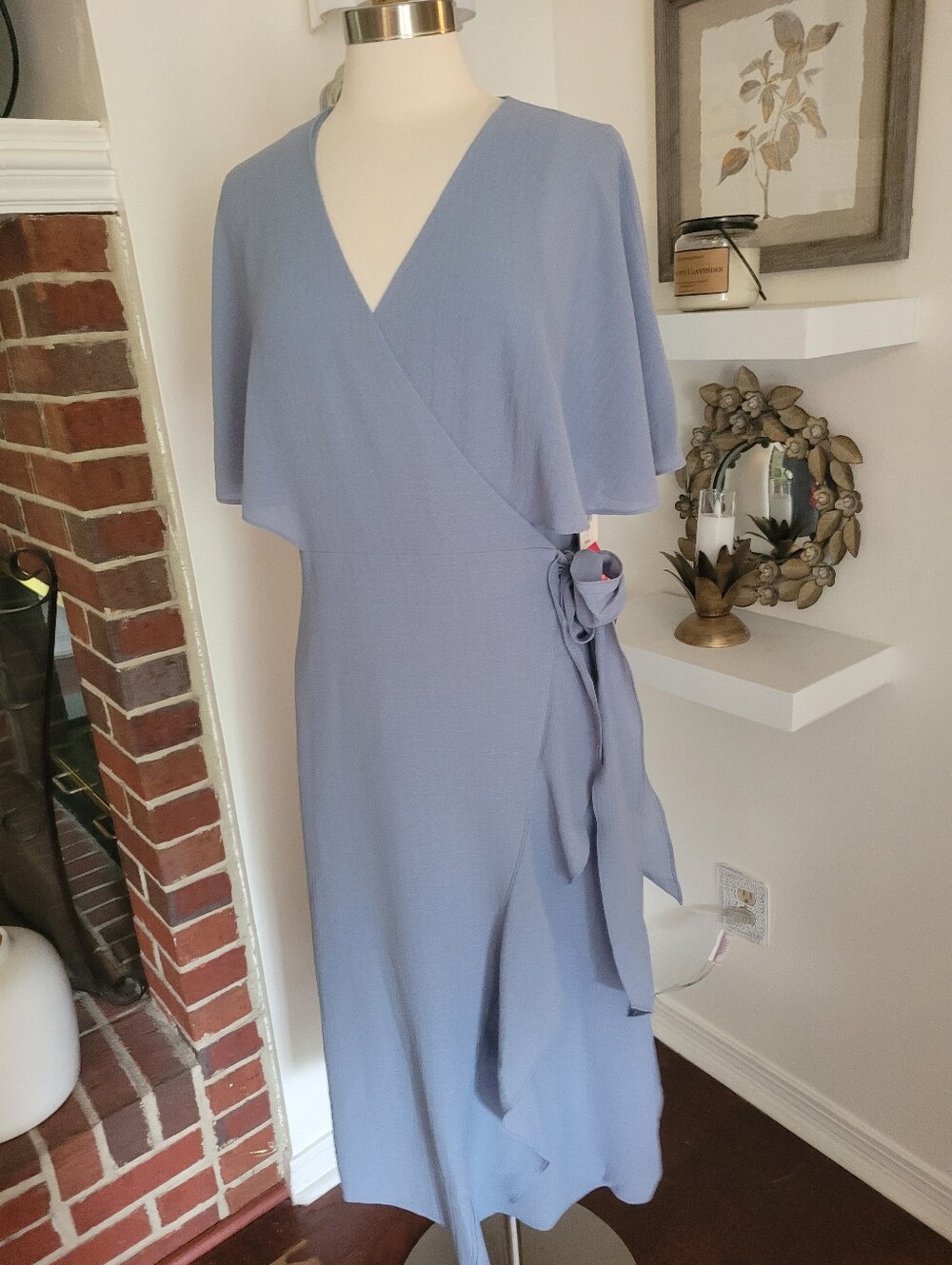 Halston Heritage Dusty Blue Wrap Midi Dress with Side Tie - Picture 3 of 9